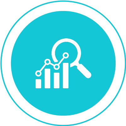 Group 1321317410 Icon of a magnifying glass over a bar graph with a line graph on a turquoise background, symbolizing data analysis.