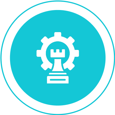 Group 1321317411 Icon of a white rook inside a gear on a turquoise circular background.