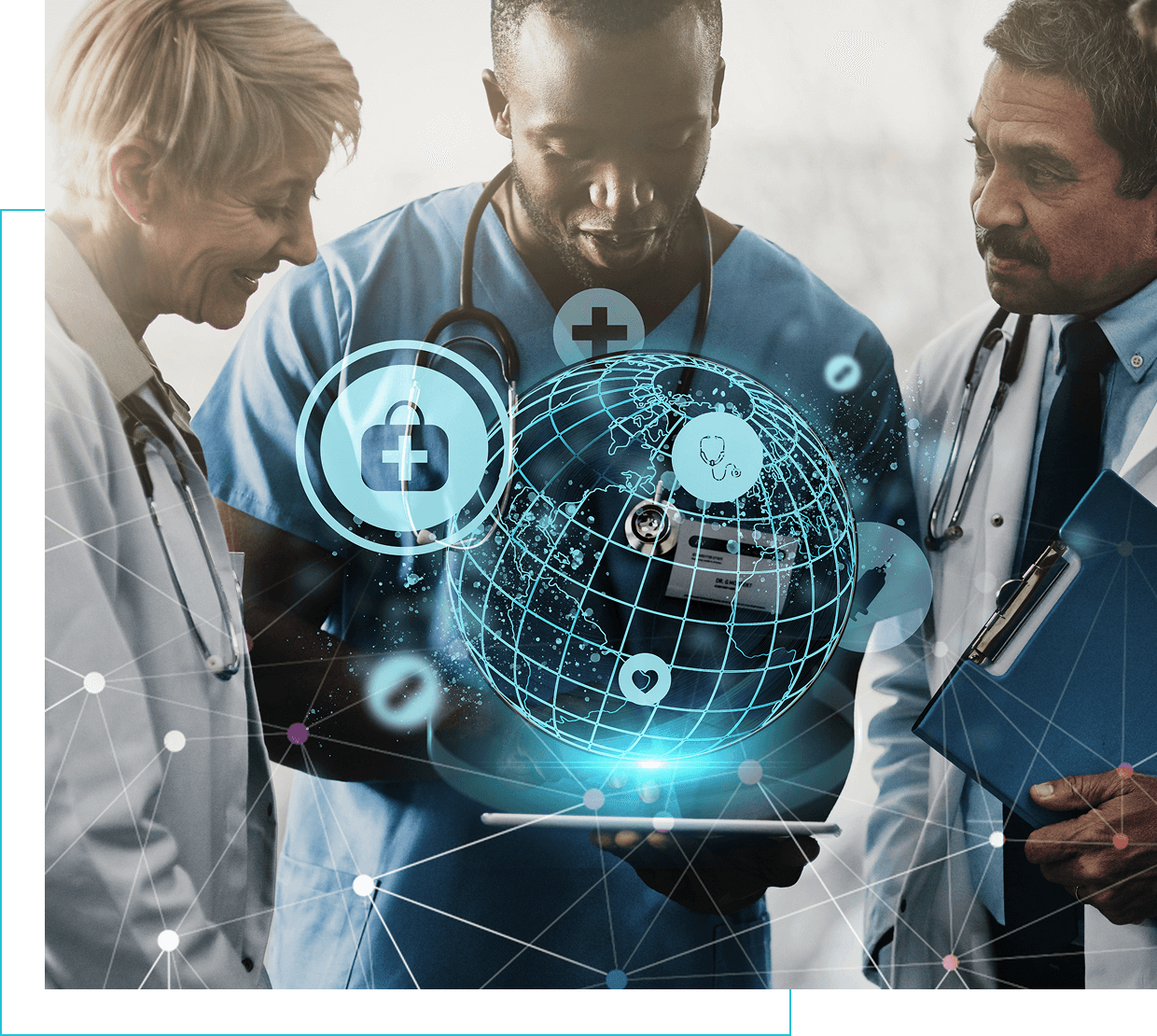 Group 1321317427 Three doctors stand together, looking at a digital tablet displaying a holographic globe with medical icons. The background features network-like graphics.