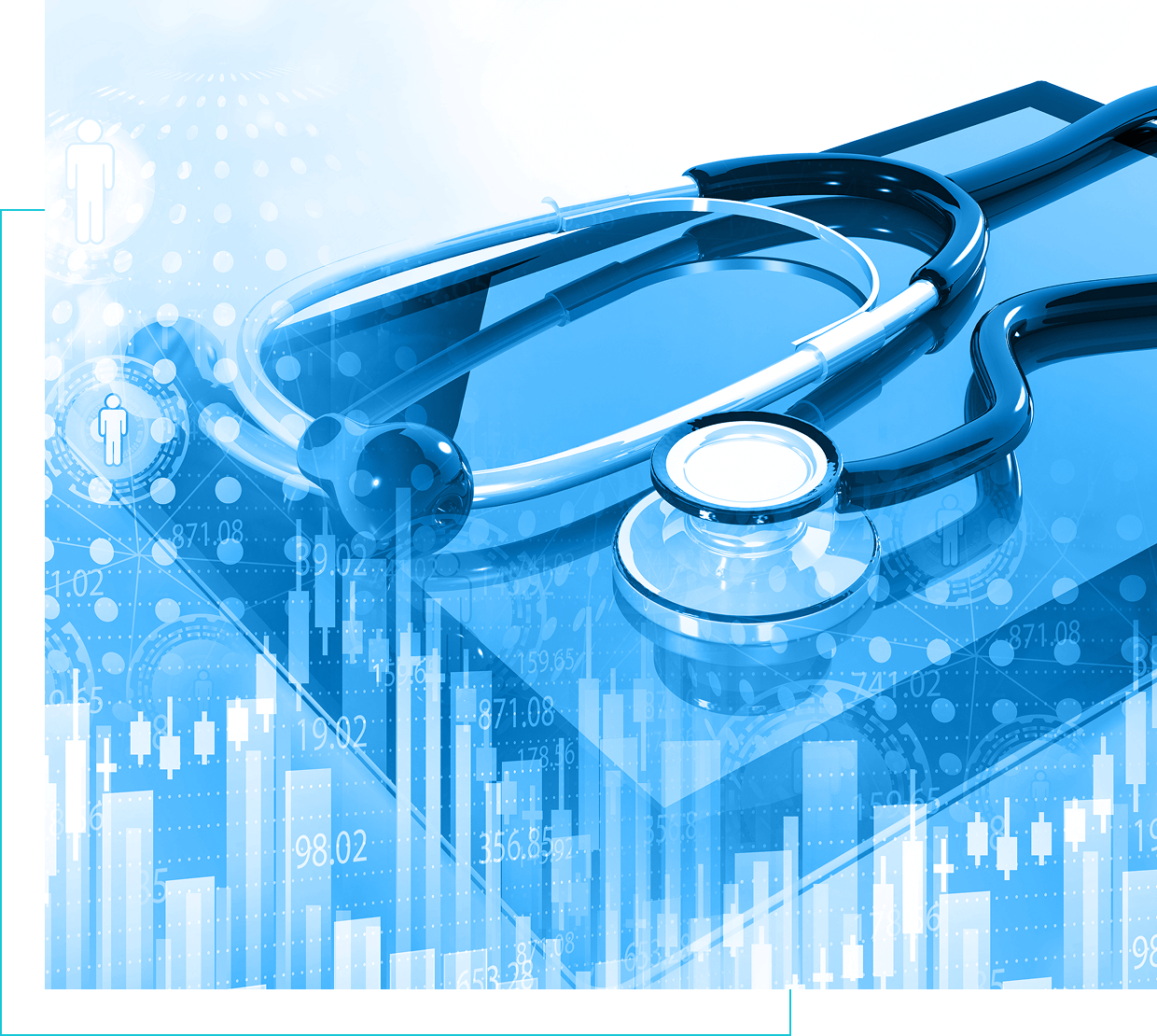 Group 1321317429 A stethoscope rests on a book with health icons and financial graphs overlayed, symbolizing the intersection of medicine and data analytics.