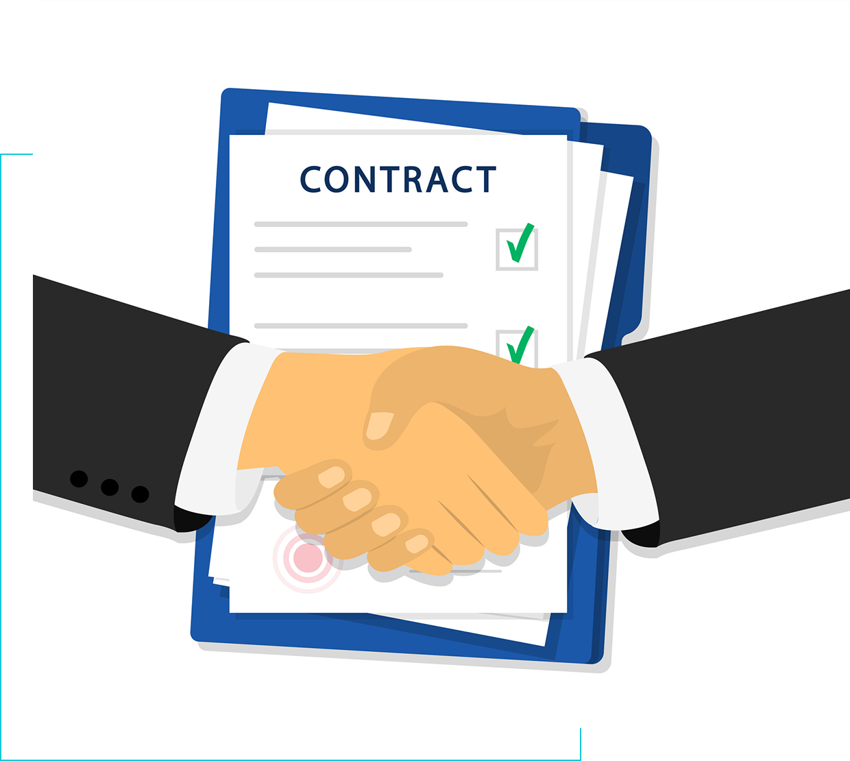 Two people shaking hands over a contract.