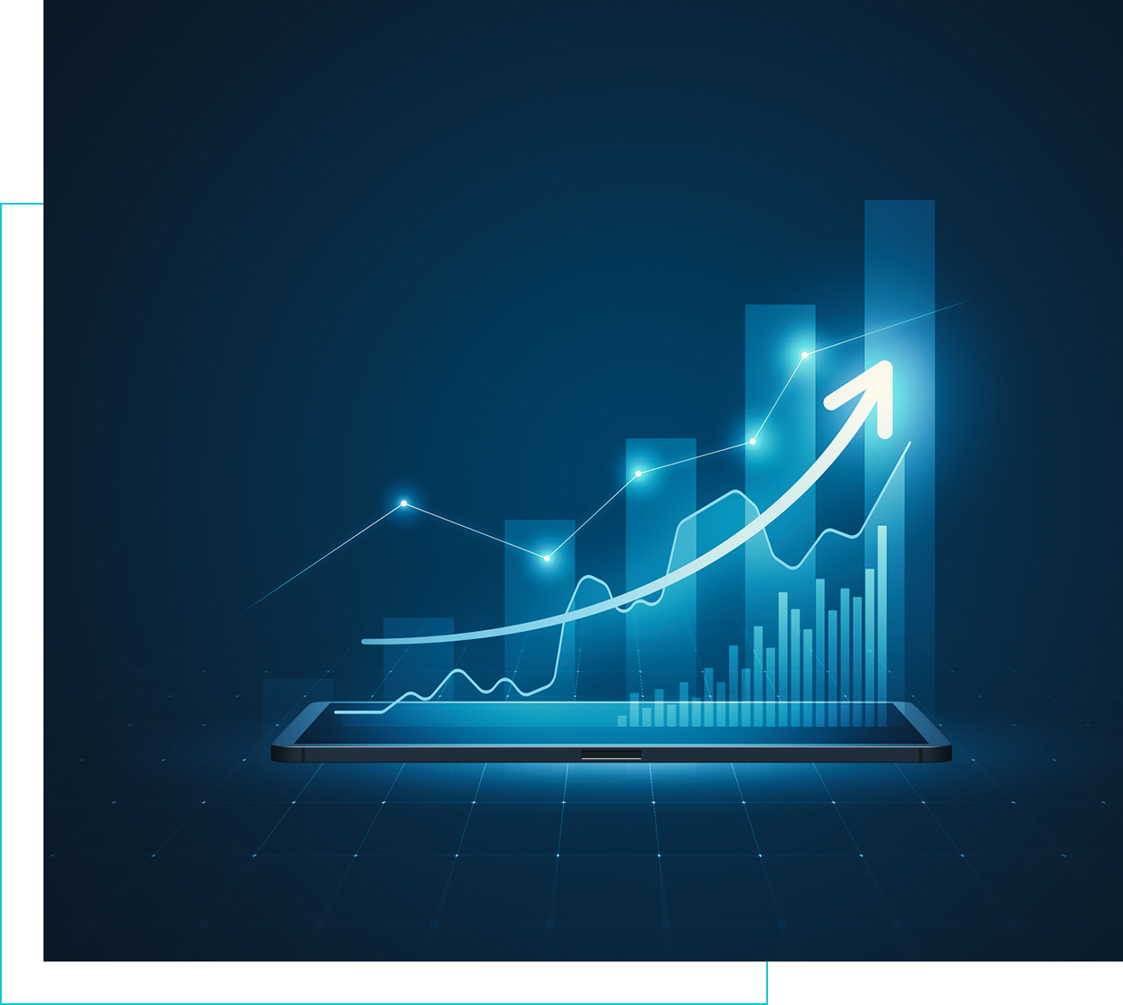 A tablet with an arrow and a graph on it.