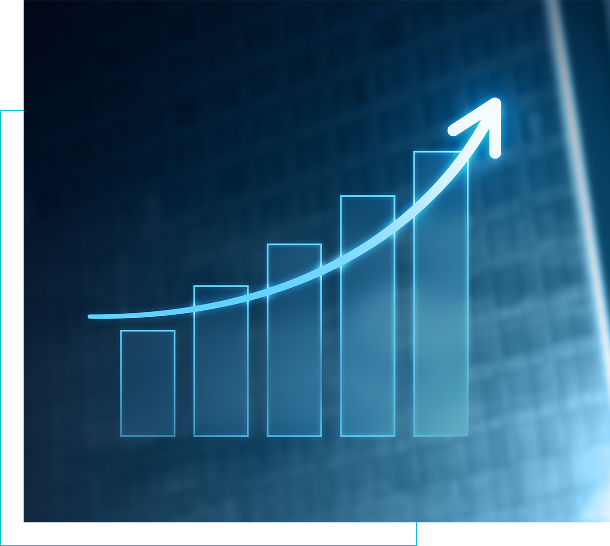 A blue background with an arrow and a graph.