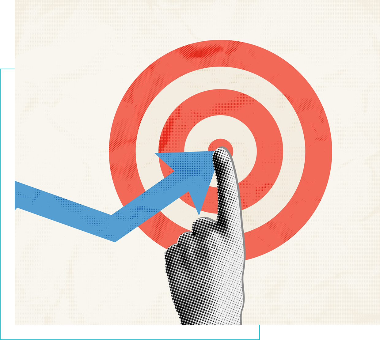 A hand pointing to an arrow in front of a target.