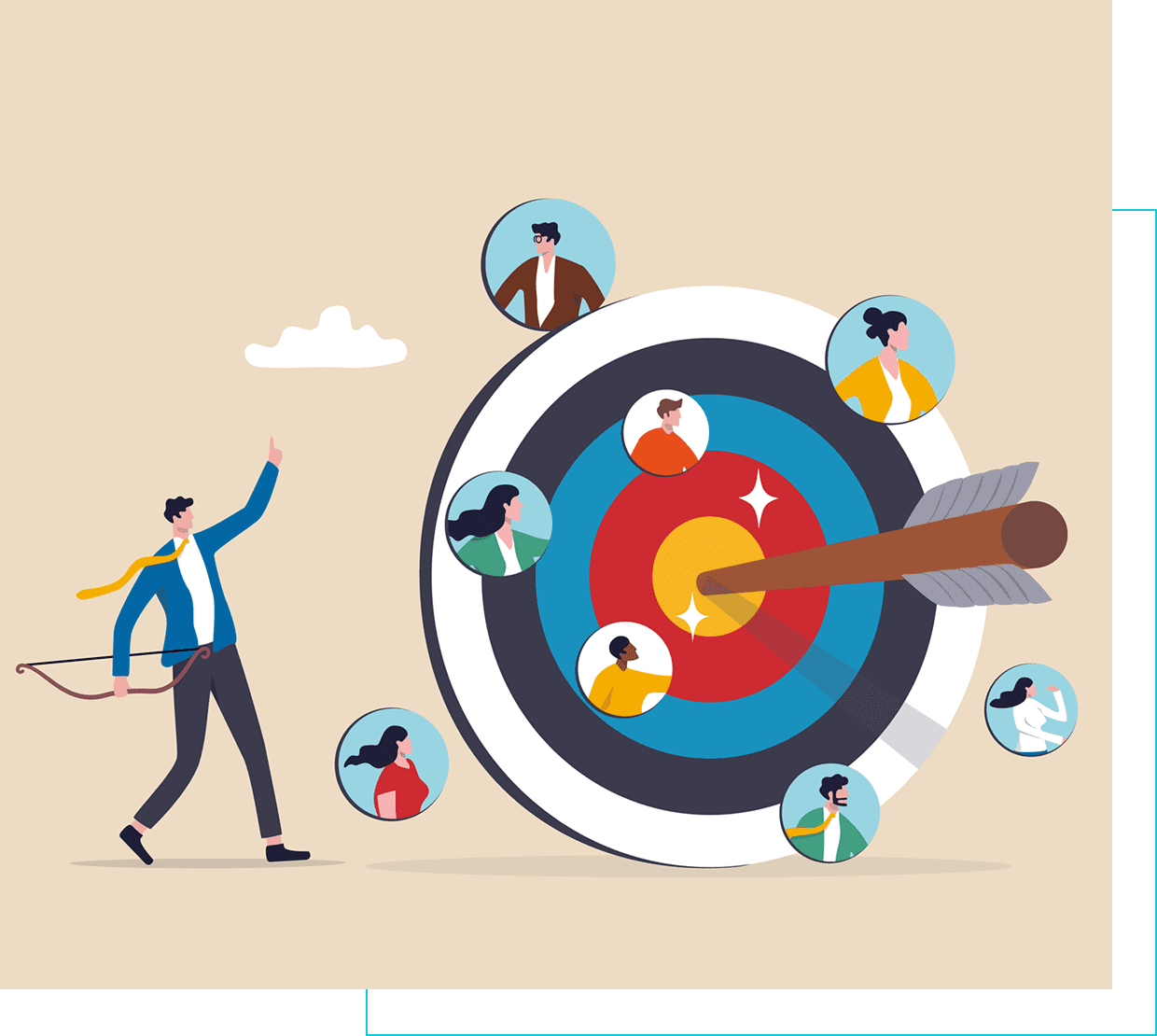 A man is standing in front of an arrow hitting the center of a target.