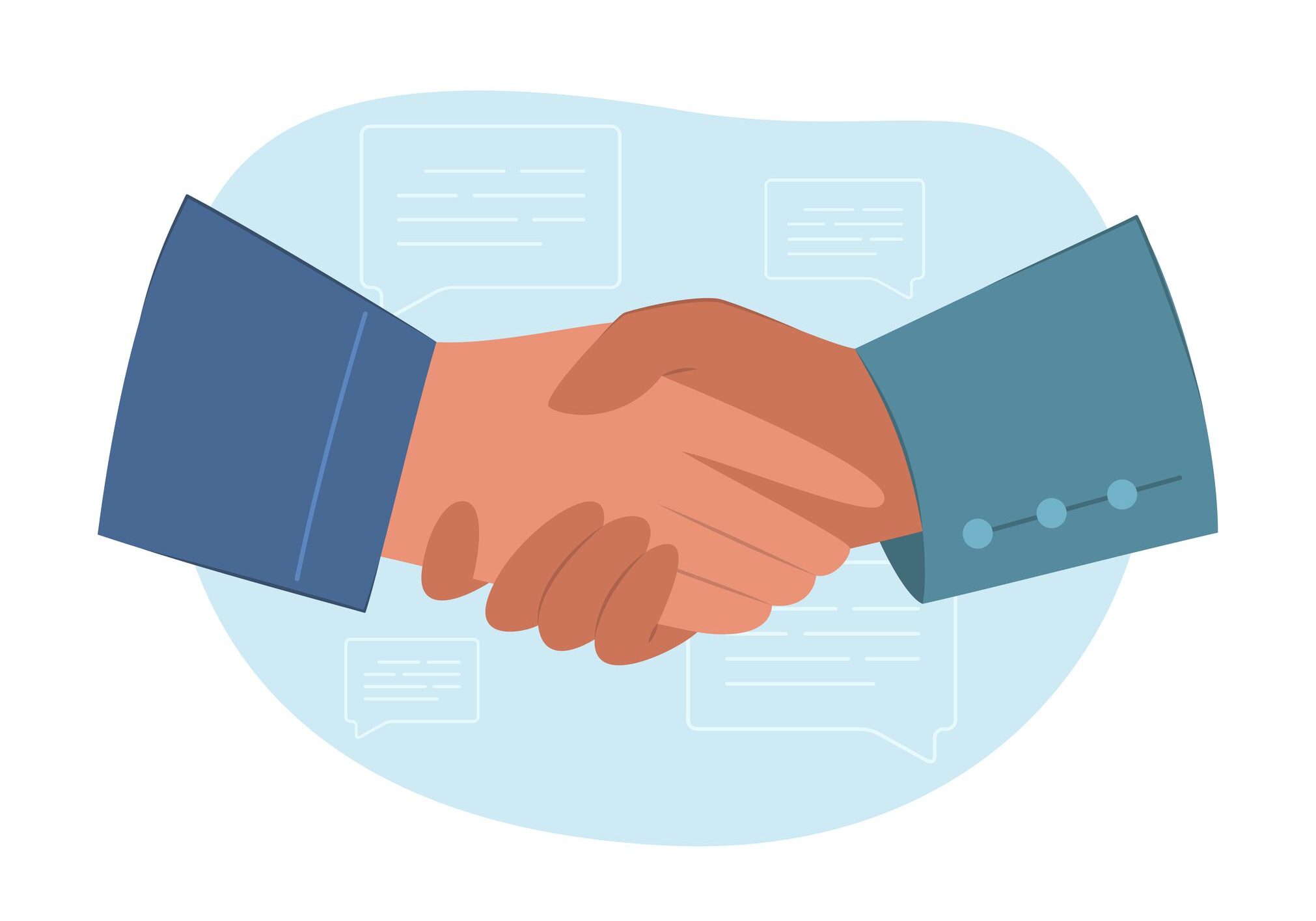 Two people shaking hands in front of a blue background.