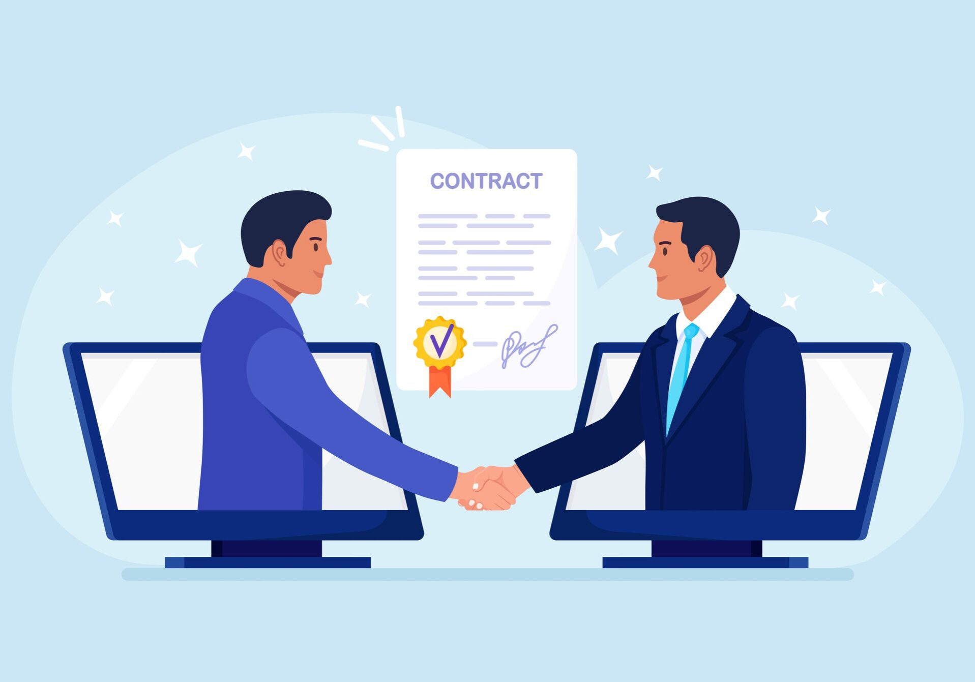 Two men shaking hands over a computer screen.